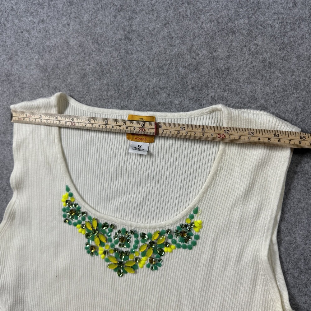 Ruby Rd Woman Beaded Neckline Tank Top 1X Ivory Ribbed Embellished Shell - Picture 4 of 8